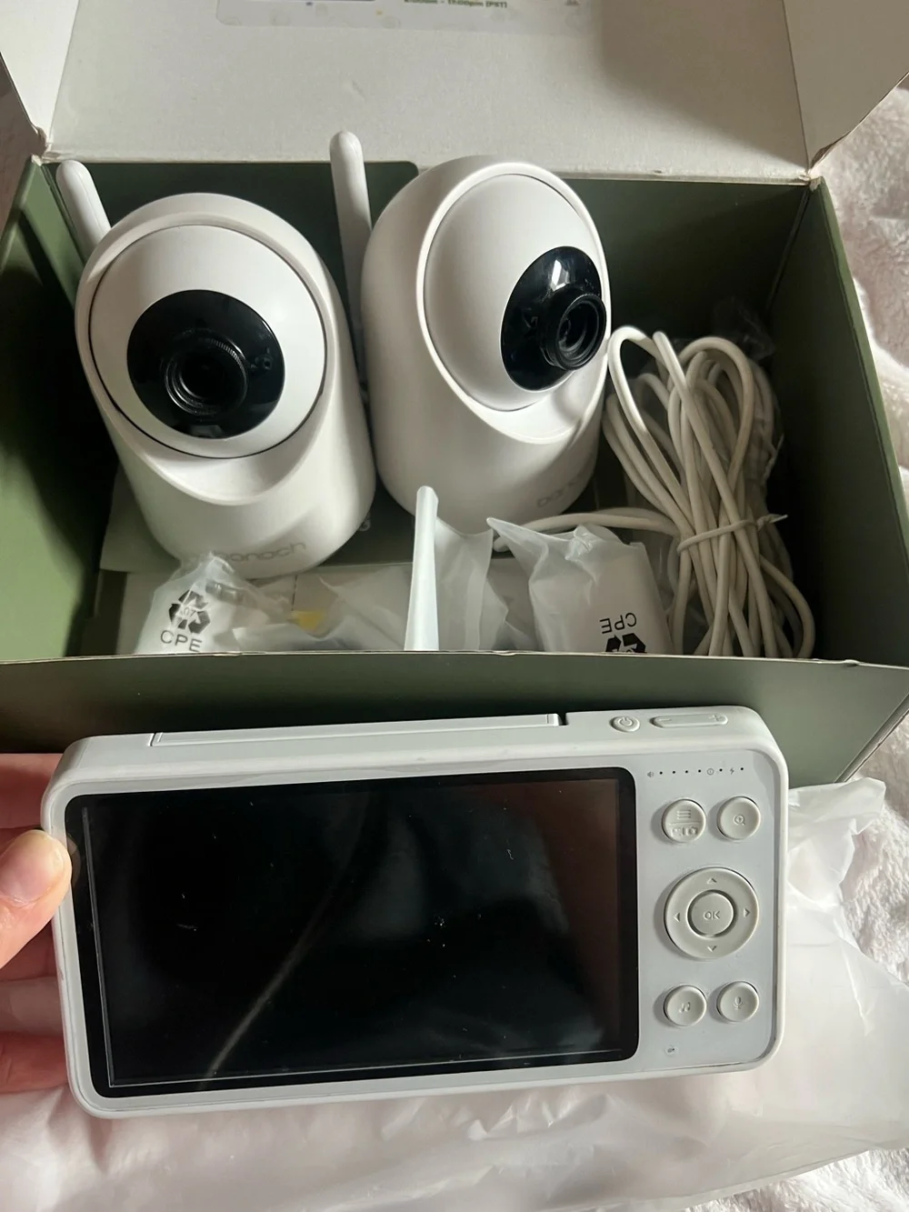 White Baby Monitor with Two Cameras and Portable Display